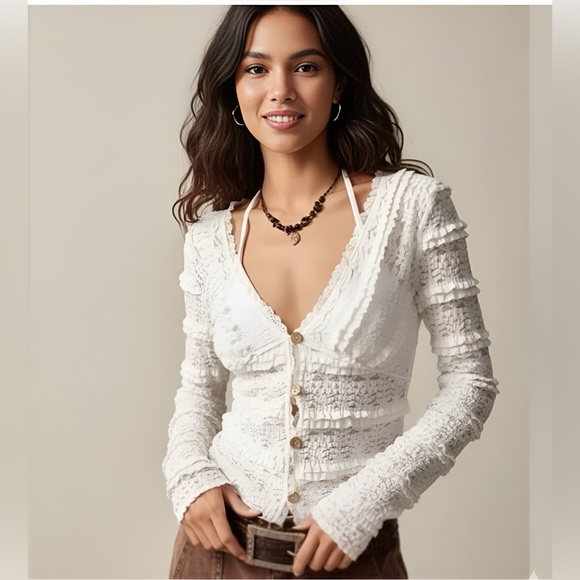 Boho Ruched Lace Asymmetrical Hem Blouse Beige - Picture 1 of 12